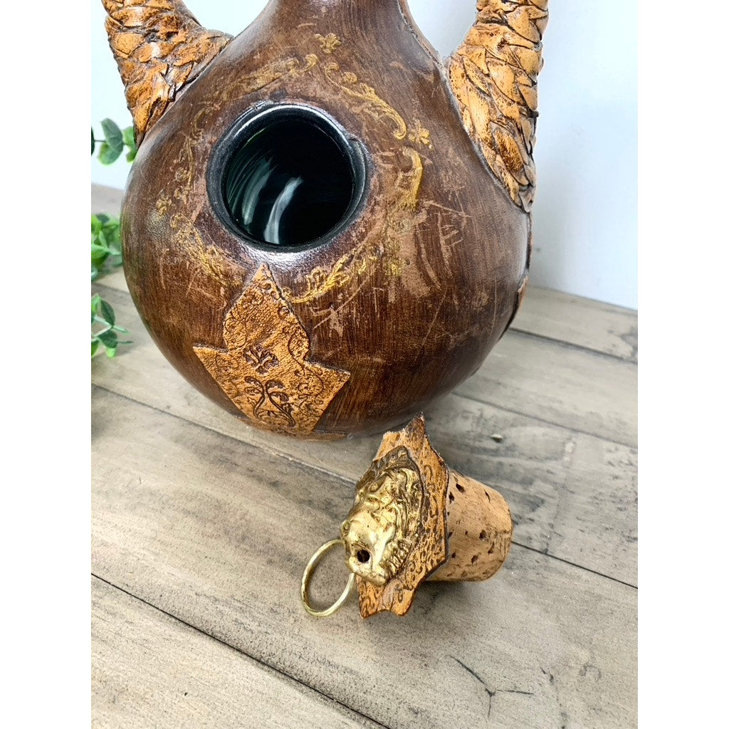 Vintage Italian Leather Lion Head Decanter Bottle Brass Ring Stopper Old Money
