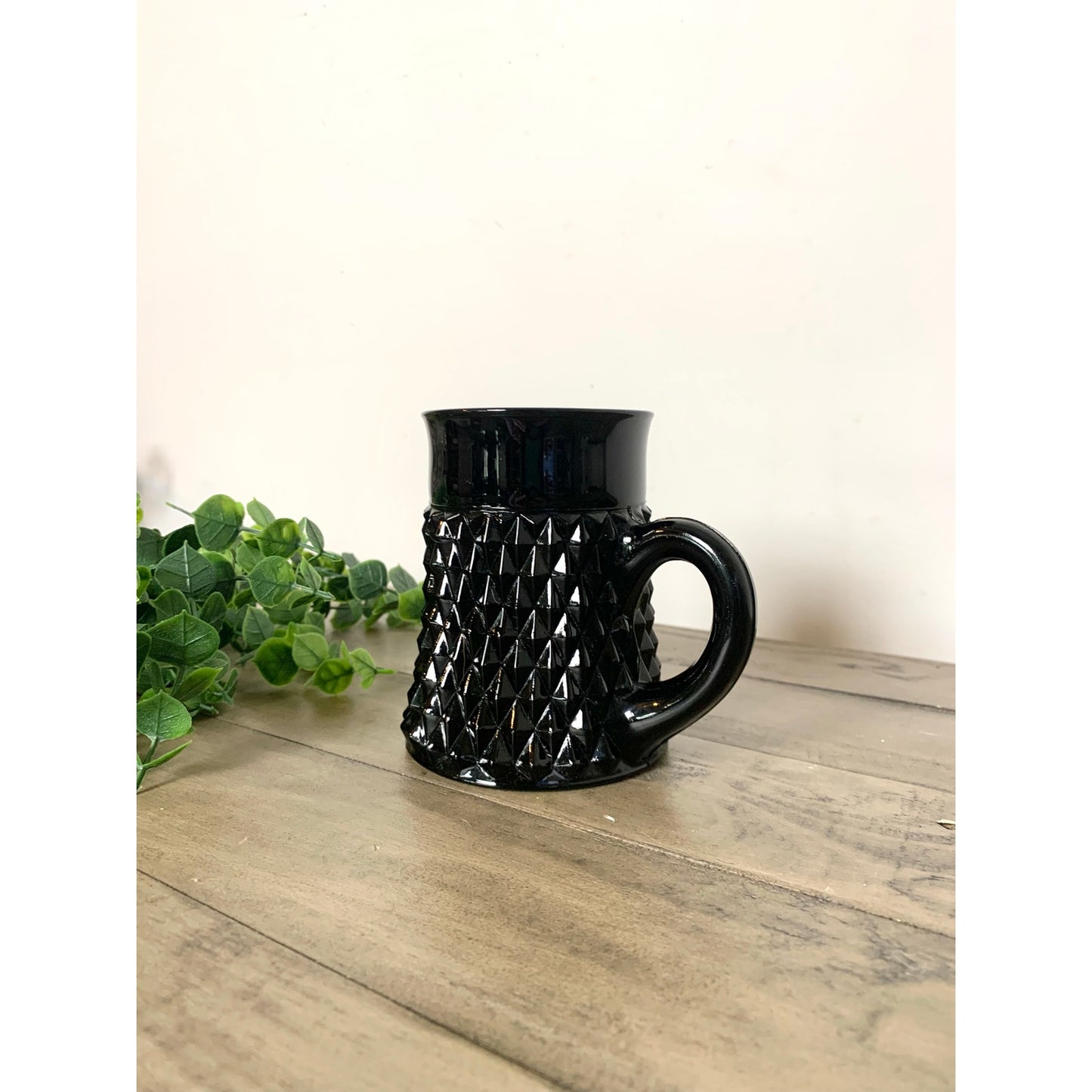 Vintage Indiana Glass Tiara Black Glass Mug with Diamond Point Mid Century Modern Coffee Cup Retro