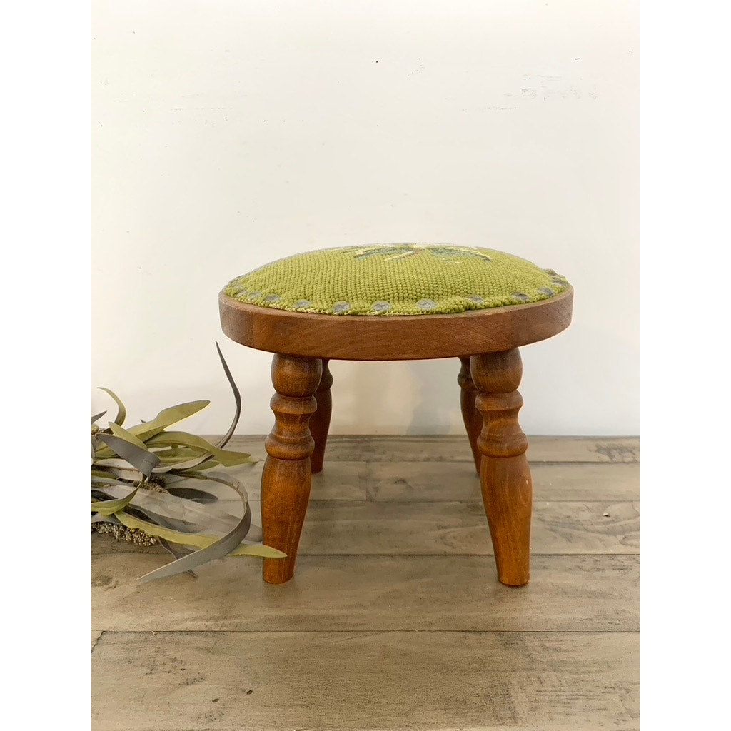 Vintage Floral Needlepoint Wood Footstool Green Wool Top Nailhead Trim Cottage