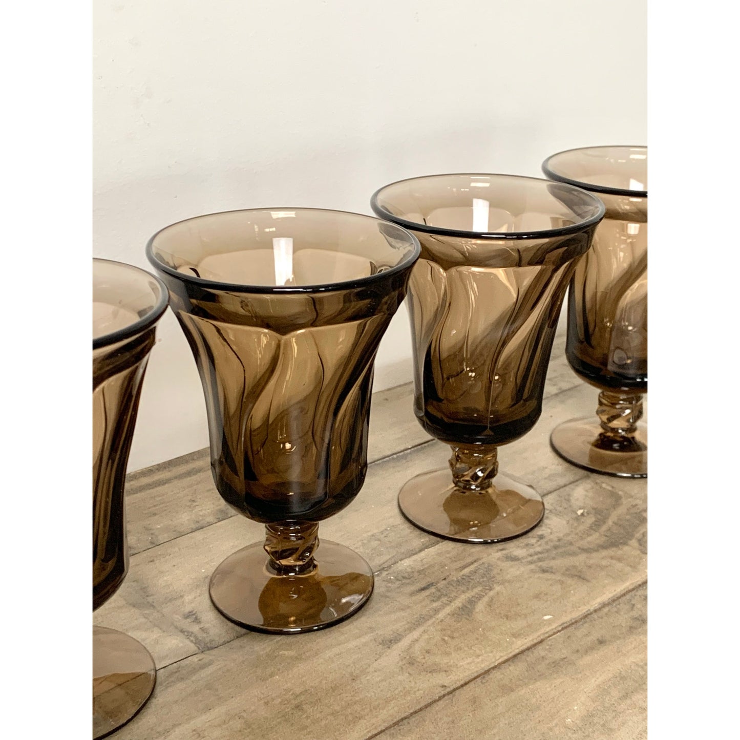 Vintage Fostoria Jamestown Brown Smokey Swirl Goblets Glasses Set of 4 Mid Century