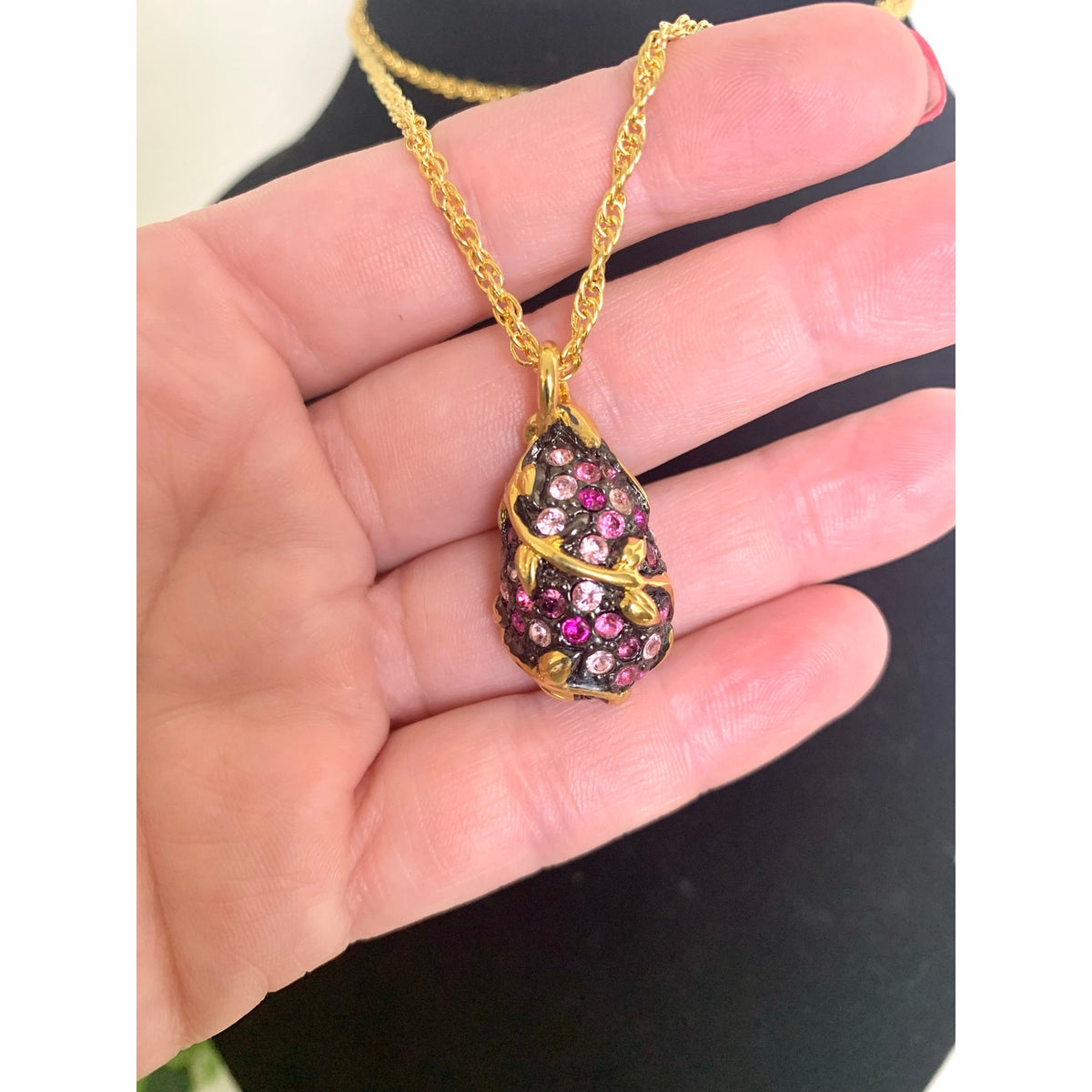Vintage Joan Rivers Pink Purple Pendant Necklace Pave Rhinestone Gold Tone Romantic Glam