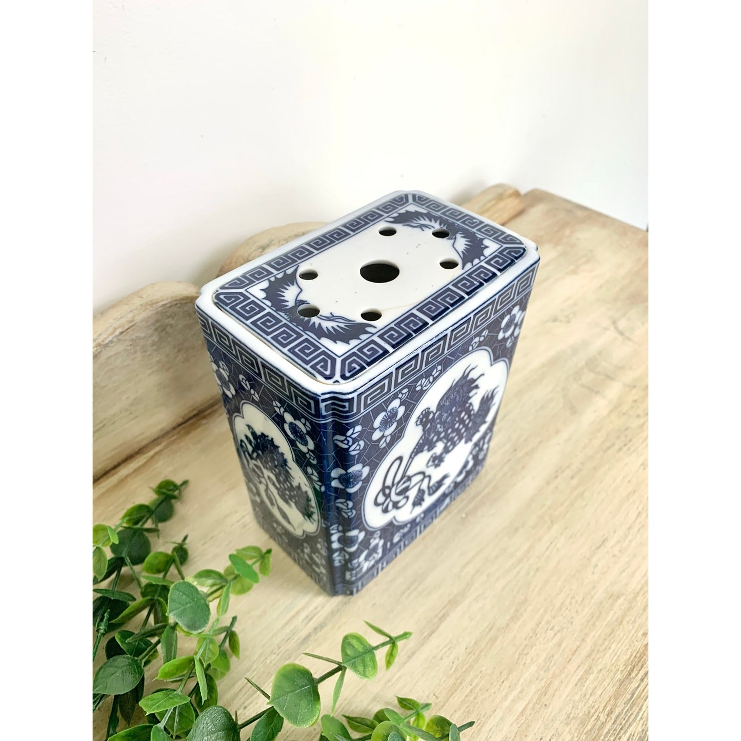 Vintage Chinoiserie Porcelain Flower Frog Blue White Foo Dog Vase Andrea by Sadek