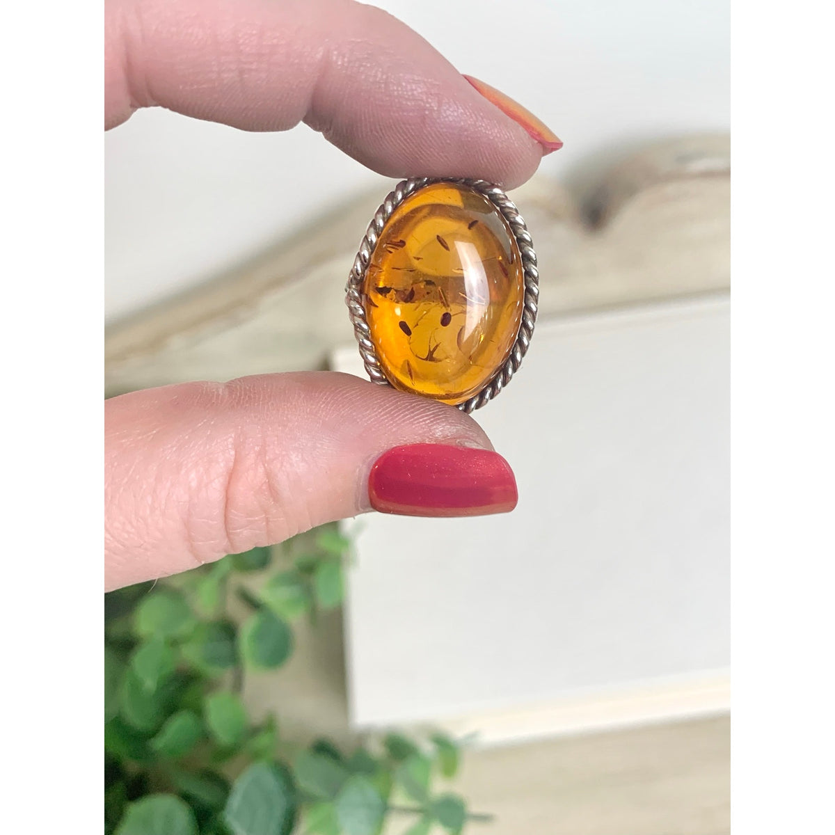 Vintage Sterling Silver Amber Ring Adjustable Oval Statement Jewelry Boho Southwestern