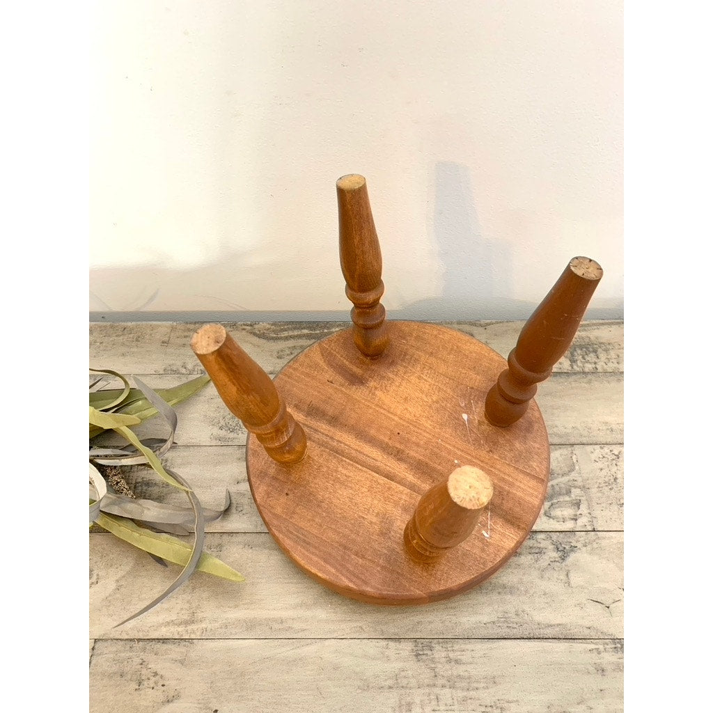 Vintage Floral Needlepoint Wood Footstool Green Wool Top Nailhead Trim Cottage