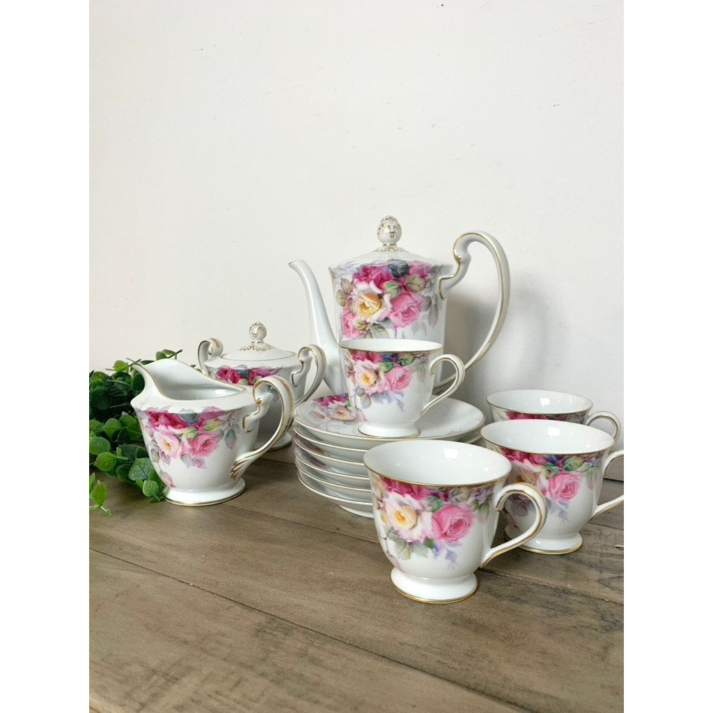 Vintage Noritake China Tea Coffee Serving Set Maruki “M” Backstamp, Pink Rose Pattern