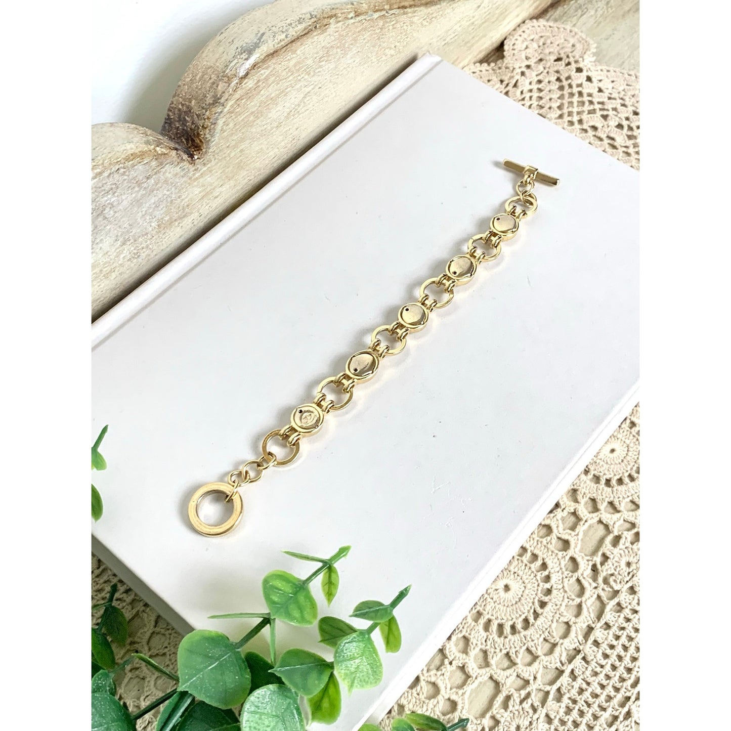 Vintage Liz Claiborne Bracelet Goldtone Silver Cabochon Toggle Bracelet Signed