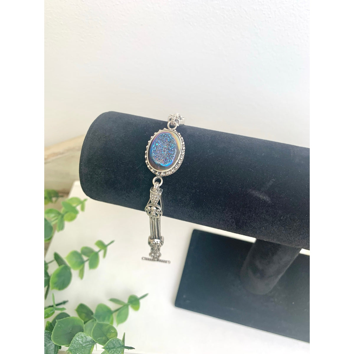 Vintage Sterling Silver Druzy Quartz Bracelet Blue Iridescent 925 Jewelry