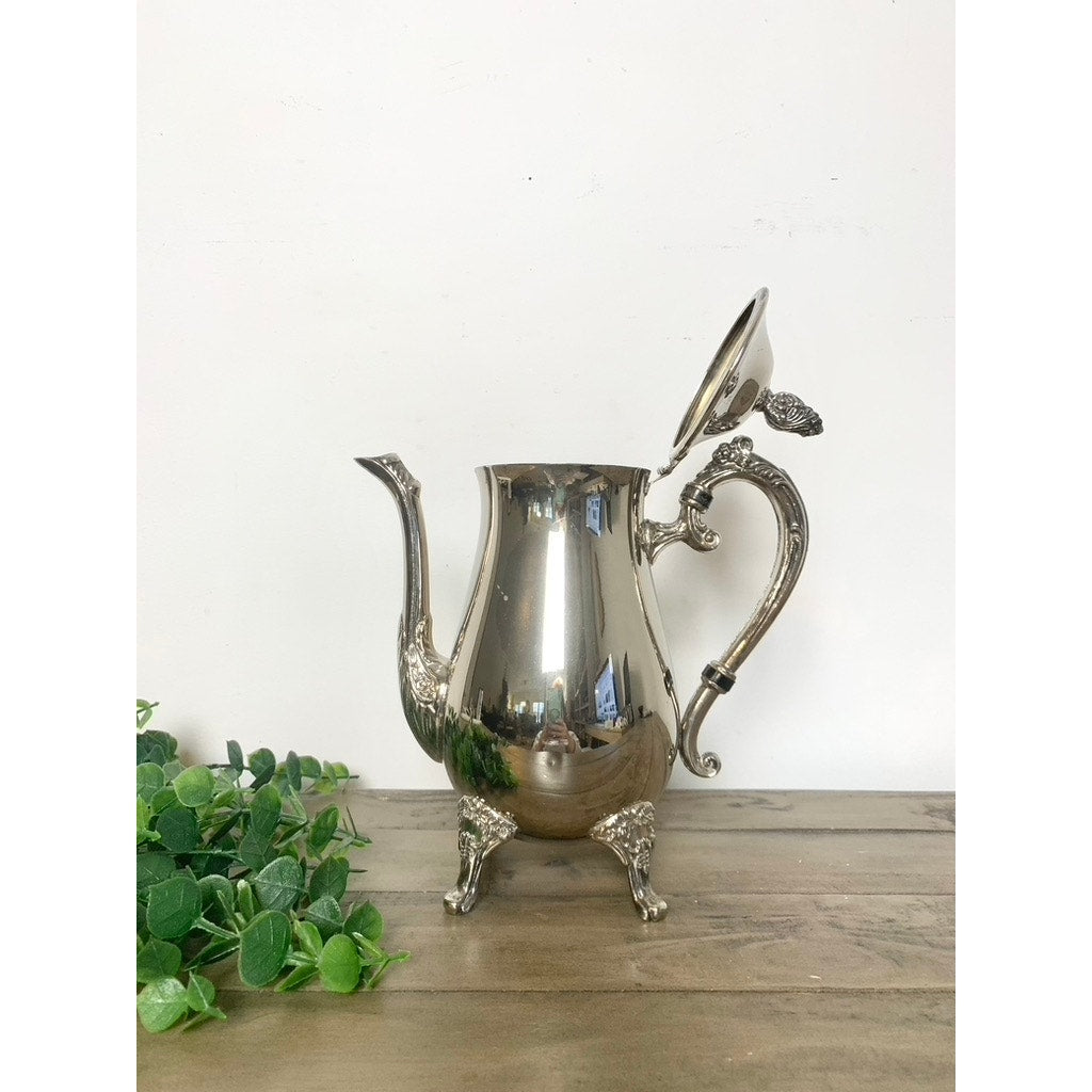 Vintage Silverplate Coffee Pot Tea Pot Ornate Footed Serving Dish Hinged Lid Floral Elegant