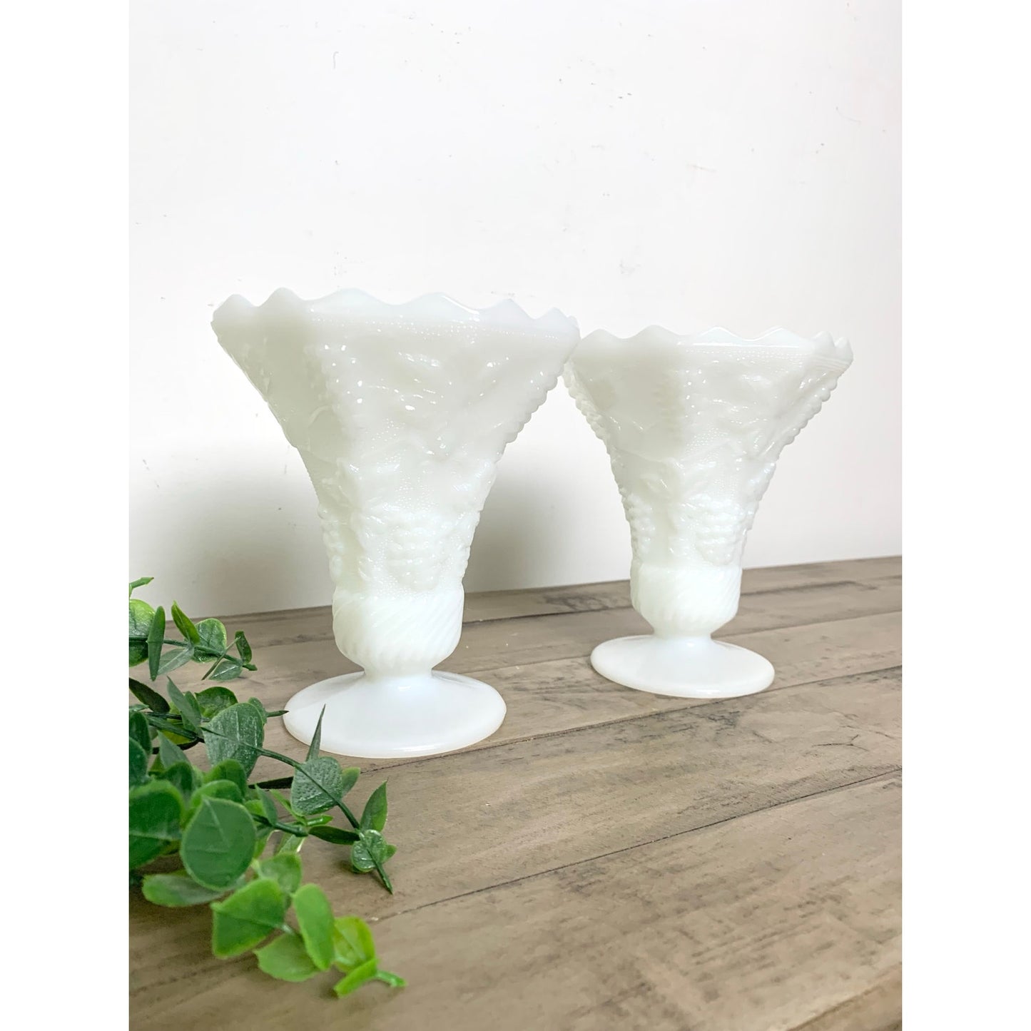 Anchor Hocking Vintage Pair White Milk Glass Grape Vine Pedestal Vases Cottage