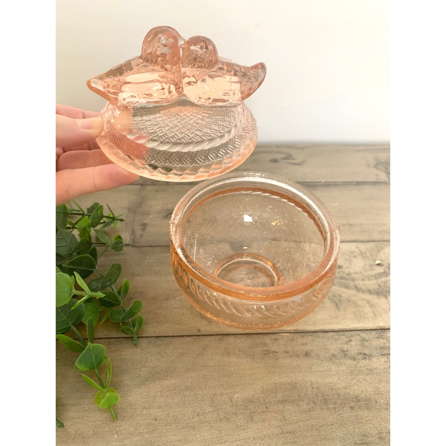 Vintage Pink Depression Glass Lovebirds Covered Candy Dish Romantic Glass Vanity Jar Trinket Box