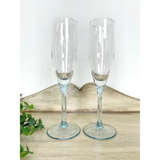 Vintage Champagne Flutes Set Ice Blue Stem Glasses Pair Wedding Servingware