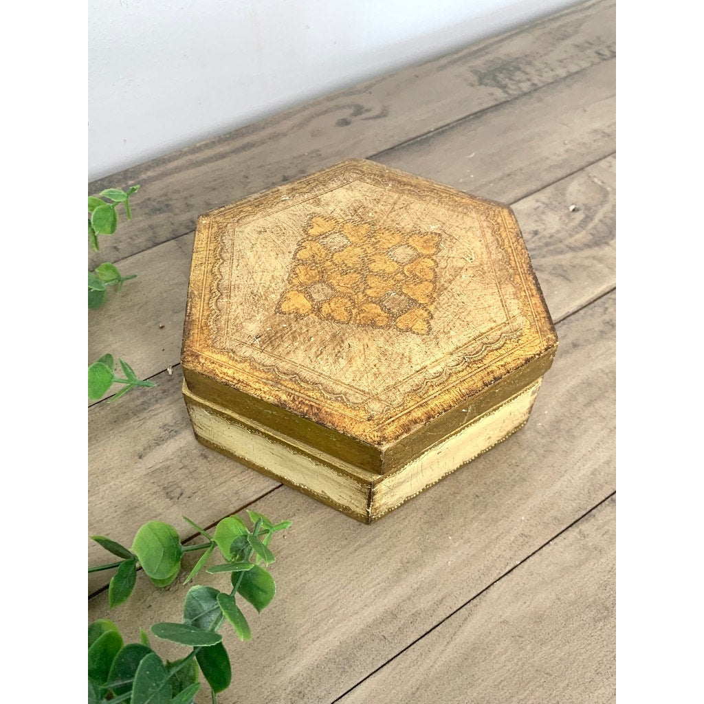 Vintage Florentine Gold Giltwood Box Made in Italy Hexagon Trinket Box Old World Regency