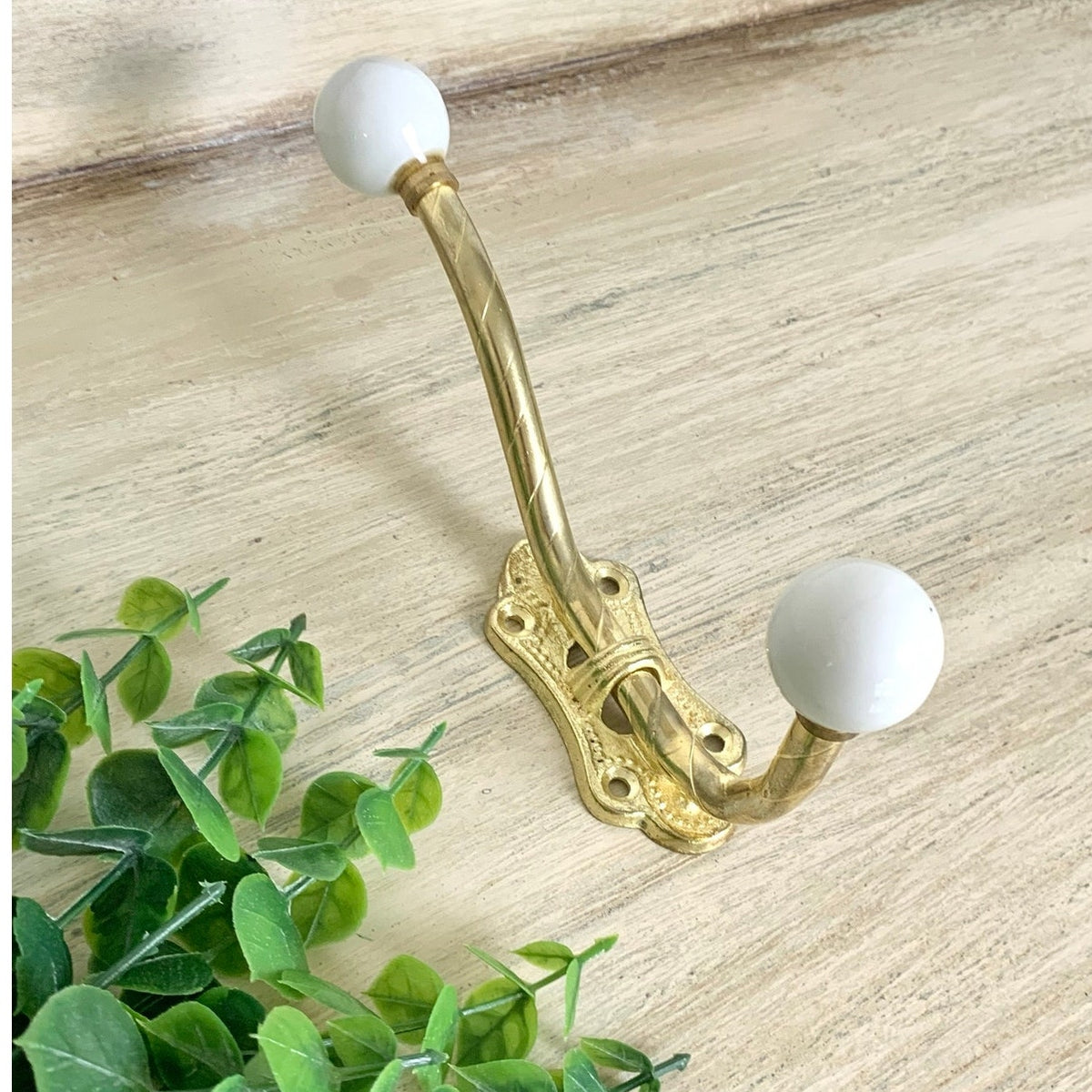 Vintage Brass Double Wall Hook White Porcelain Knobs Coat Rack Hardware