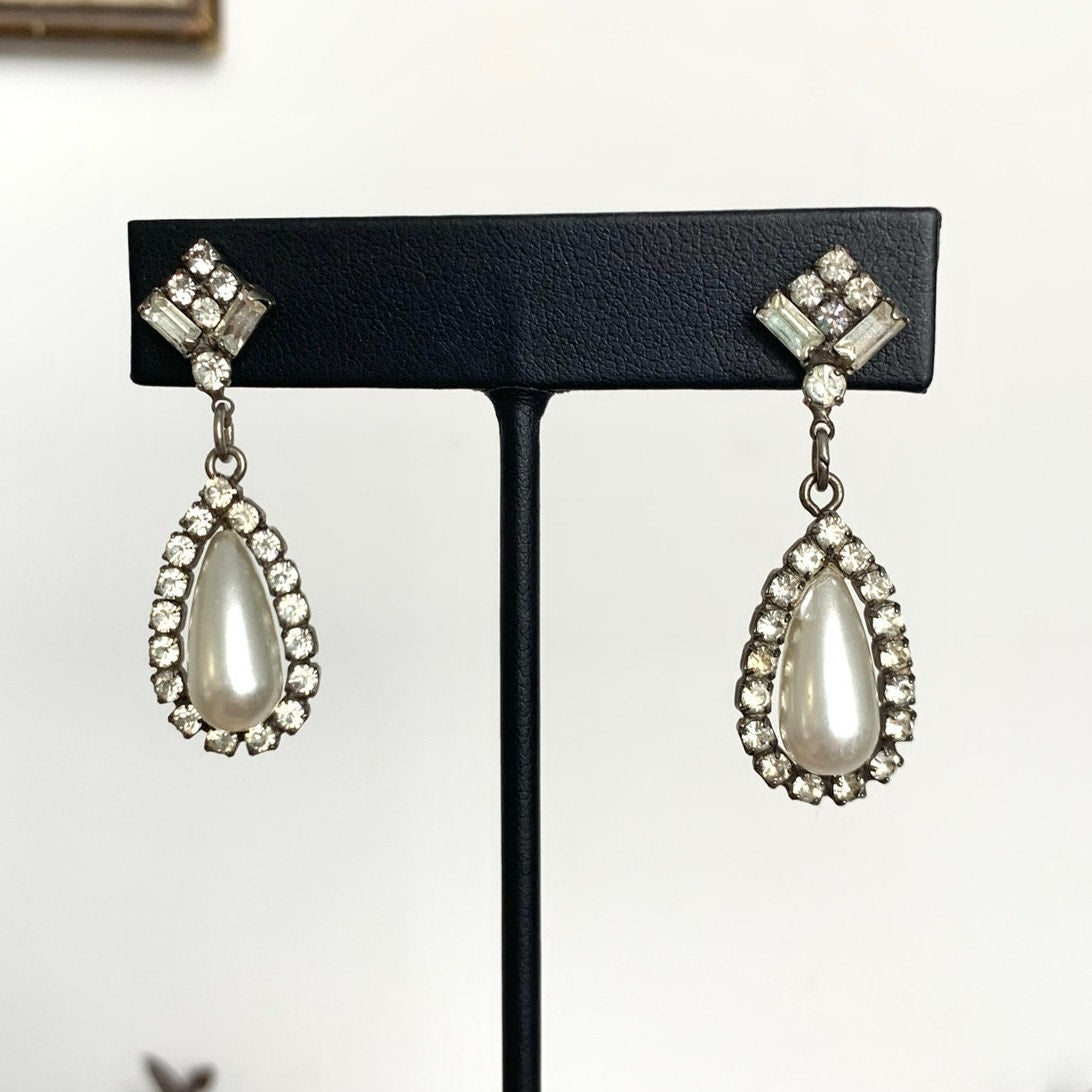 Vintage Art Deco Rhinestone Faux Pearl Drop Earrings Teardrop Bridal Dangle Post Back