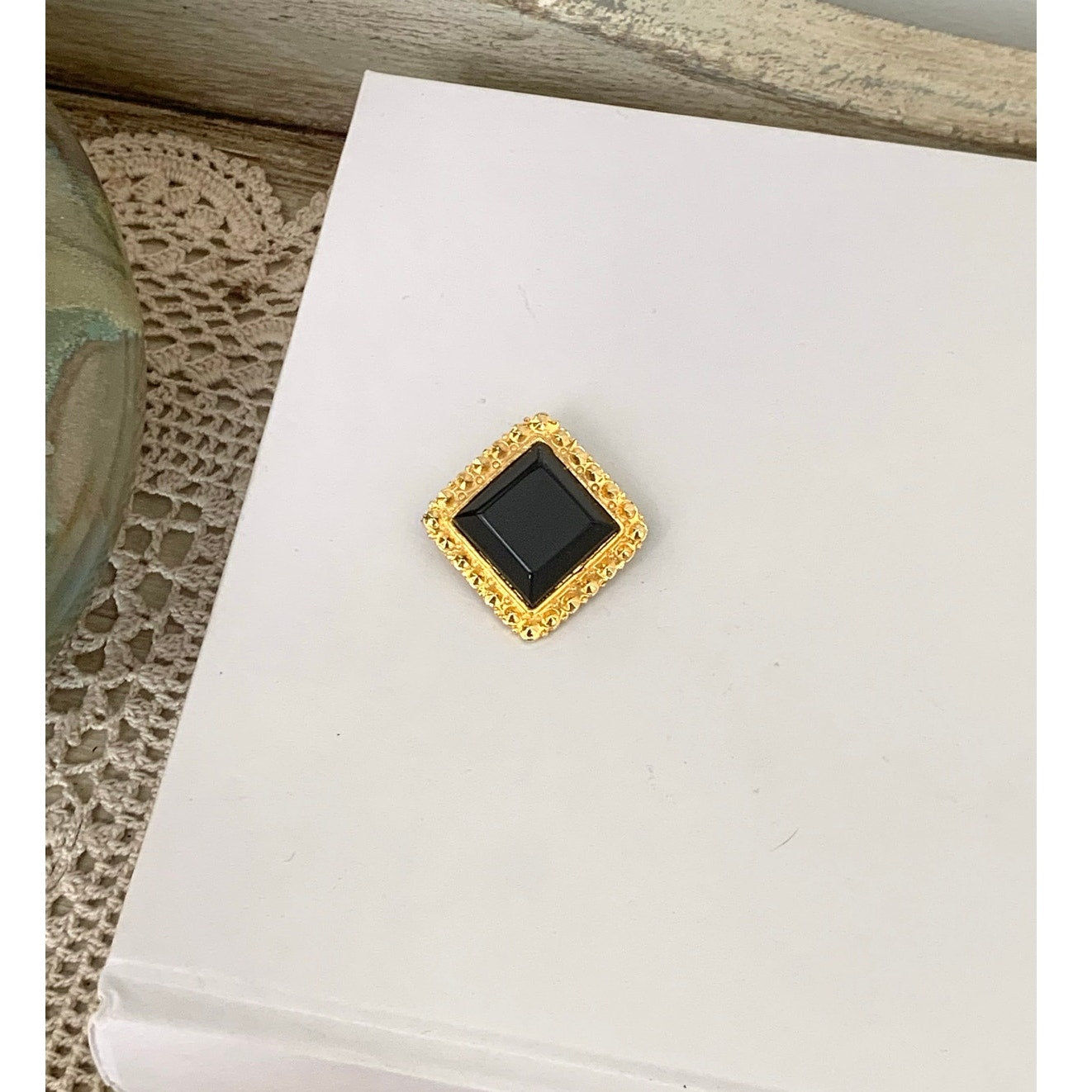 Bold Faceted Black Glass Brooch in Textured Gold Tone Frame Square Statement Pin Elegant