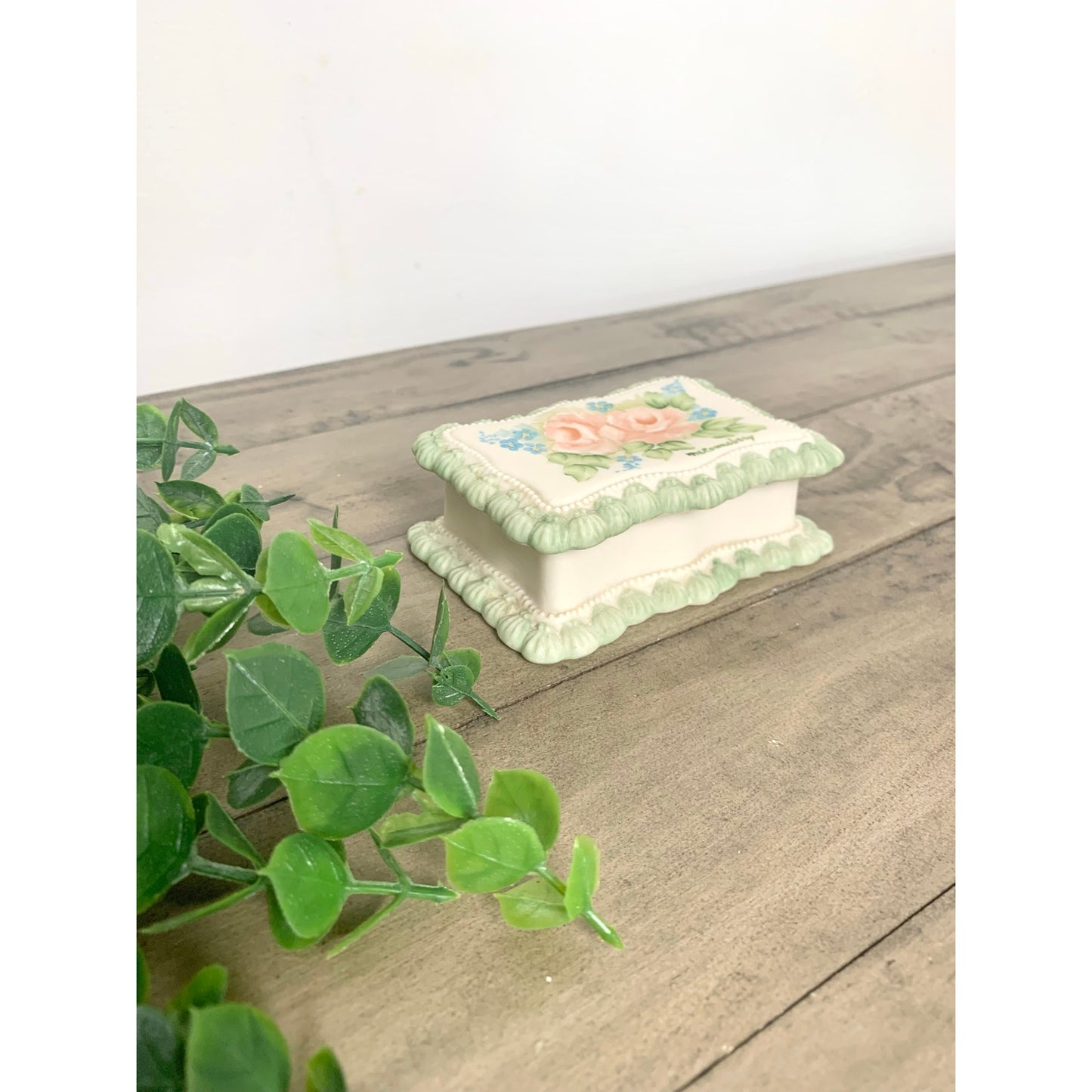 Vintage Hand-Painted Porcelain Trinket Box 1983 Shabby Cottage Pastel Floral Jewelry Box