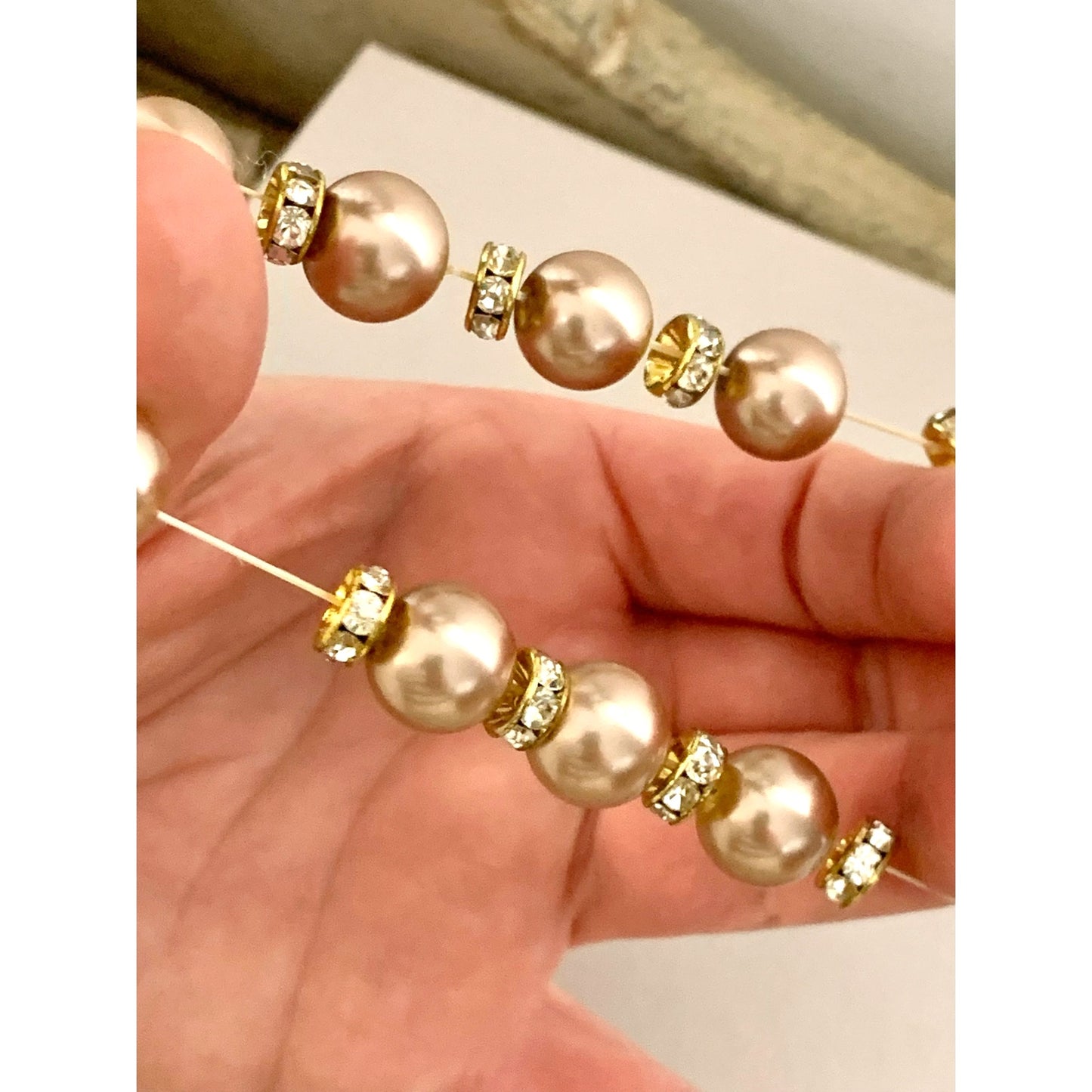 Blush Faux Pearl Stretch Beaded Bracelet Rhinestone Spacer Elegant Feminine