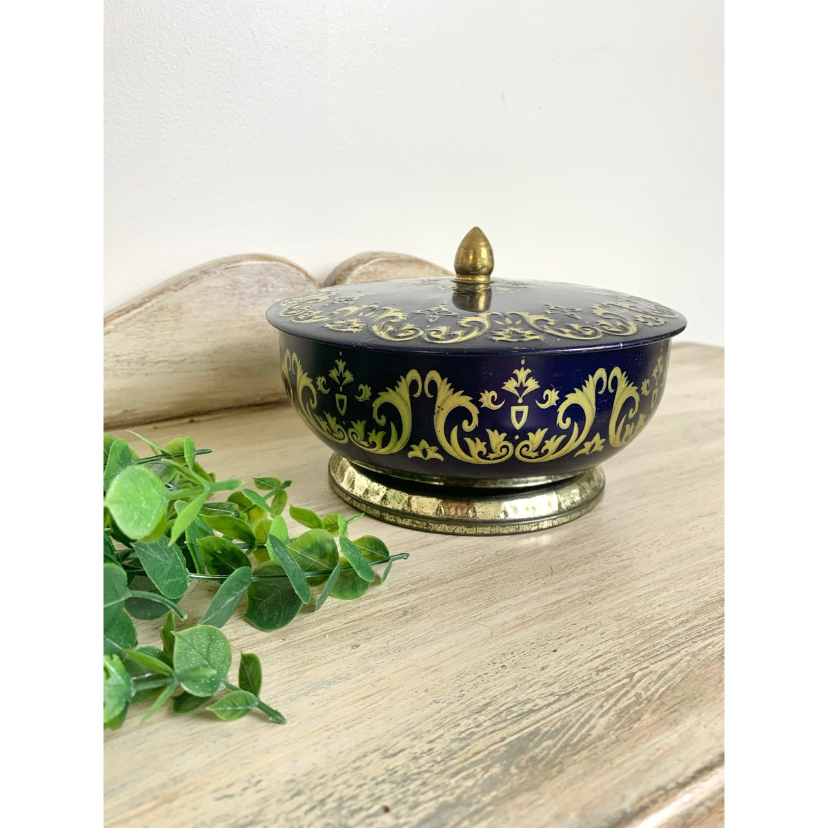 Vintage English Lidded Tin Tea Caddy Biscuit Tin Cobalt Blue Gold Lidded Container