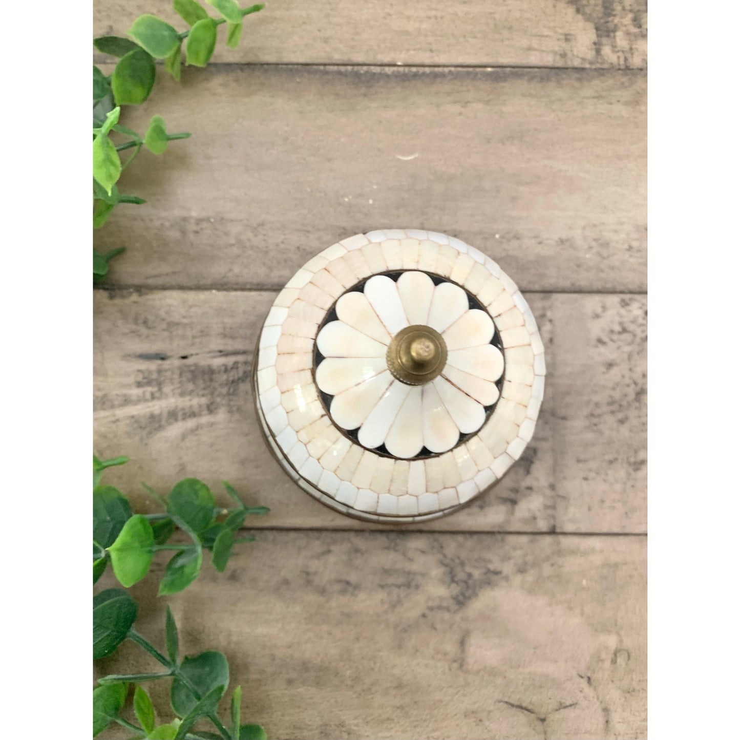 Vintage Inlaid Bone & Brass Domed Lidded Trinket Box Jewelry Storage Old Money