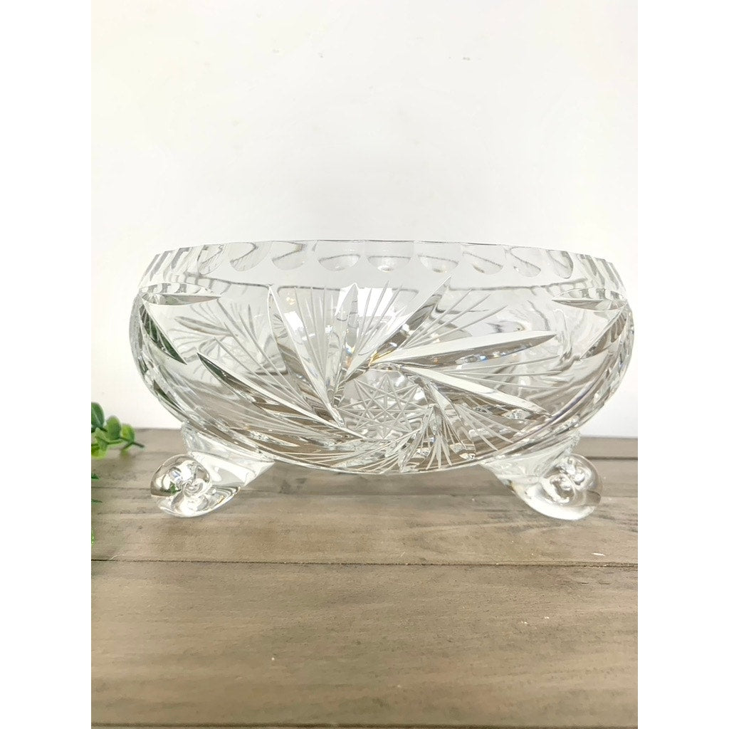 Vintage Cut Crystal Footed Bowl Starburst Centerpiece Vase Fruit Bowl on Three Feet Elegant Serving