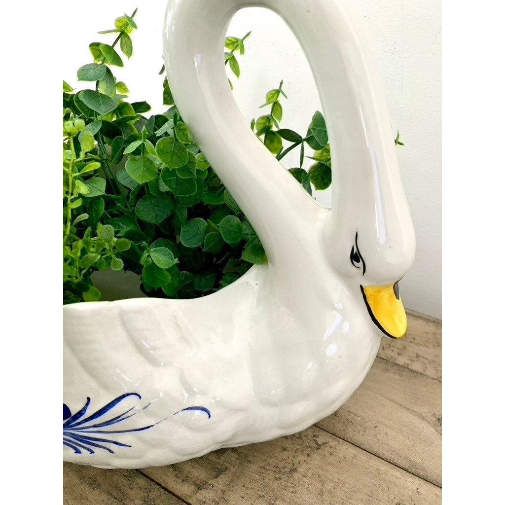 Vintage Portuguese Hand-Painted Ceramic Large Swan Planter Blue & White Cottage