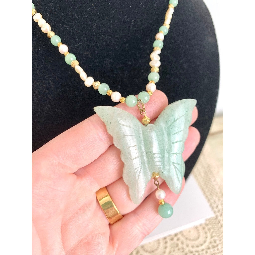 Vintage Jade Butterfly Pendant Necklace Pearl Beaded Green Stone Statement