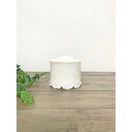 Vintage Milk Glass Vanity Powder Jar with Floral Embossed Detail Cottagecore Feminine Romantic