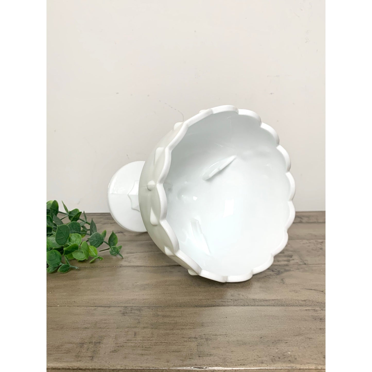 Vintage White Indiana Milk Glass Pedestal Compote Candy Dish Bowl Scalloped Rim