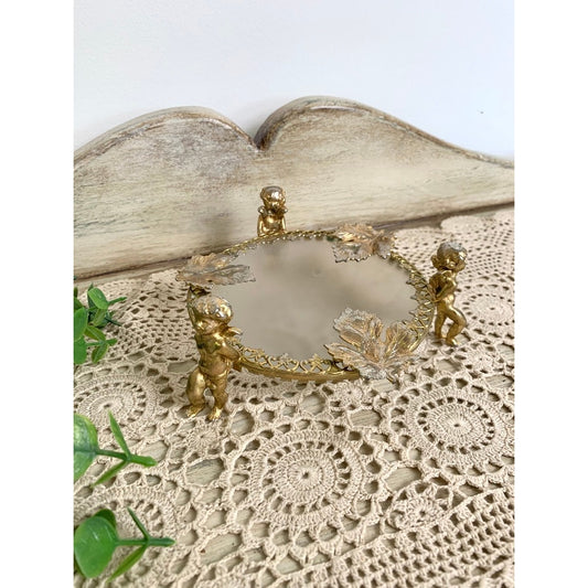 1960s Cherub Frosted Glass Trinket Dish, gold accent, *some fade to the gold