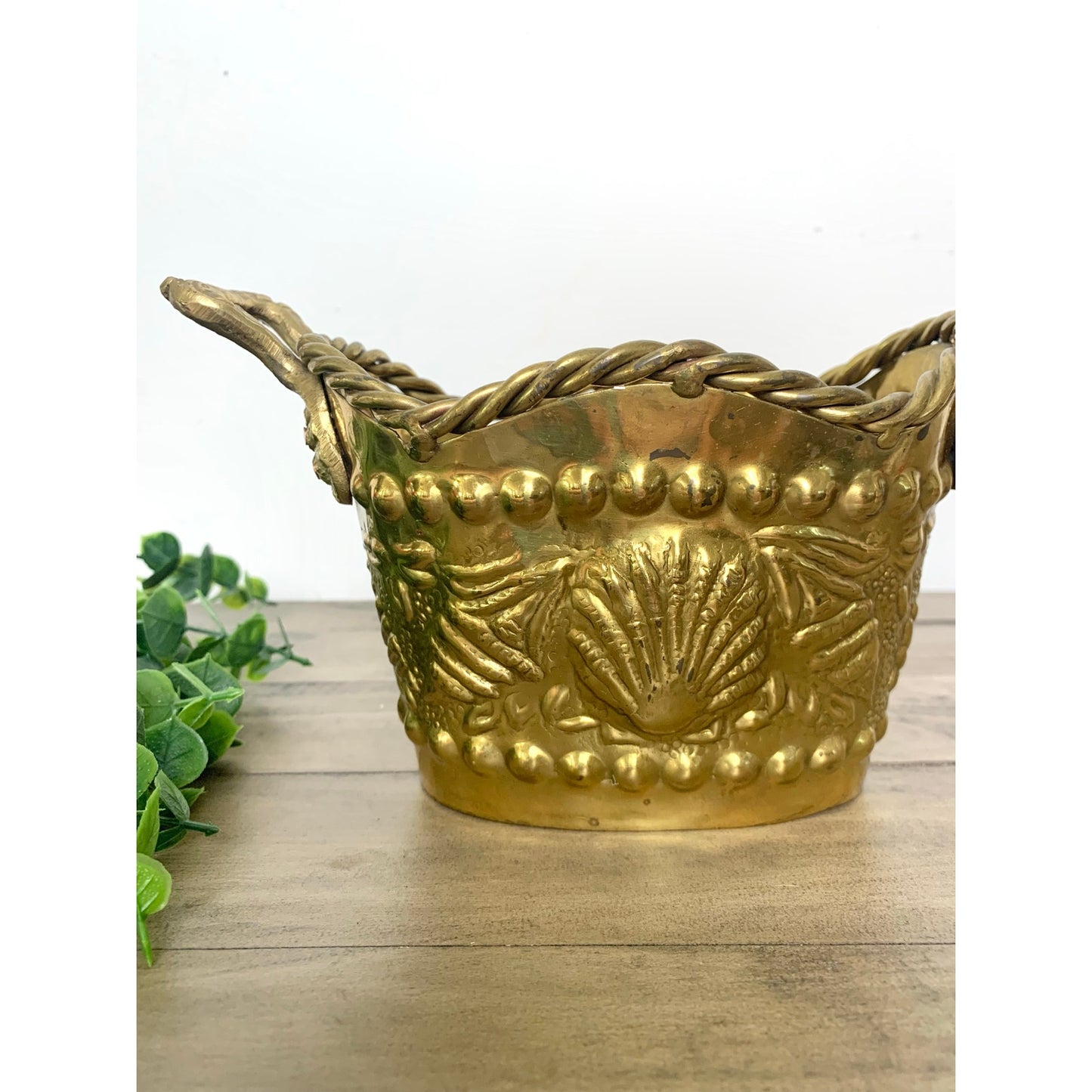 Vintage Brass Planter Basket with Handles – Made in India, Coastal Shell Cottage
