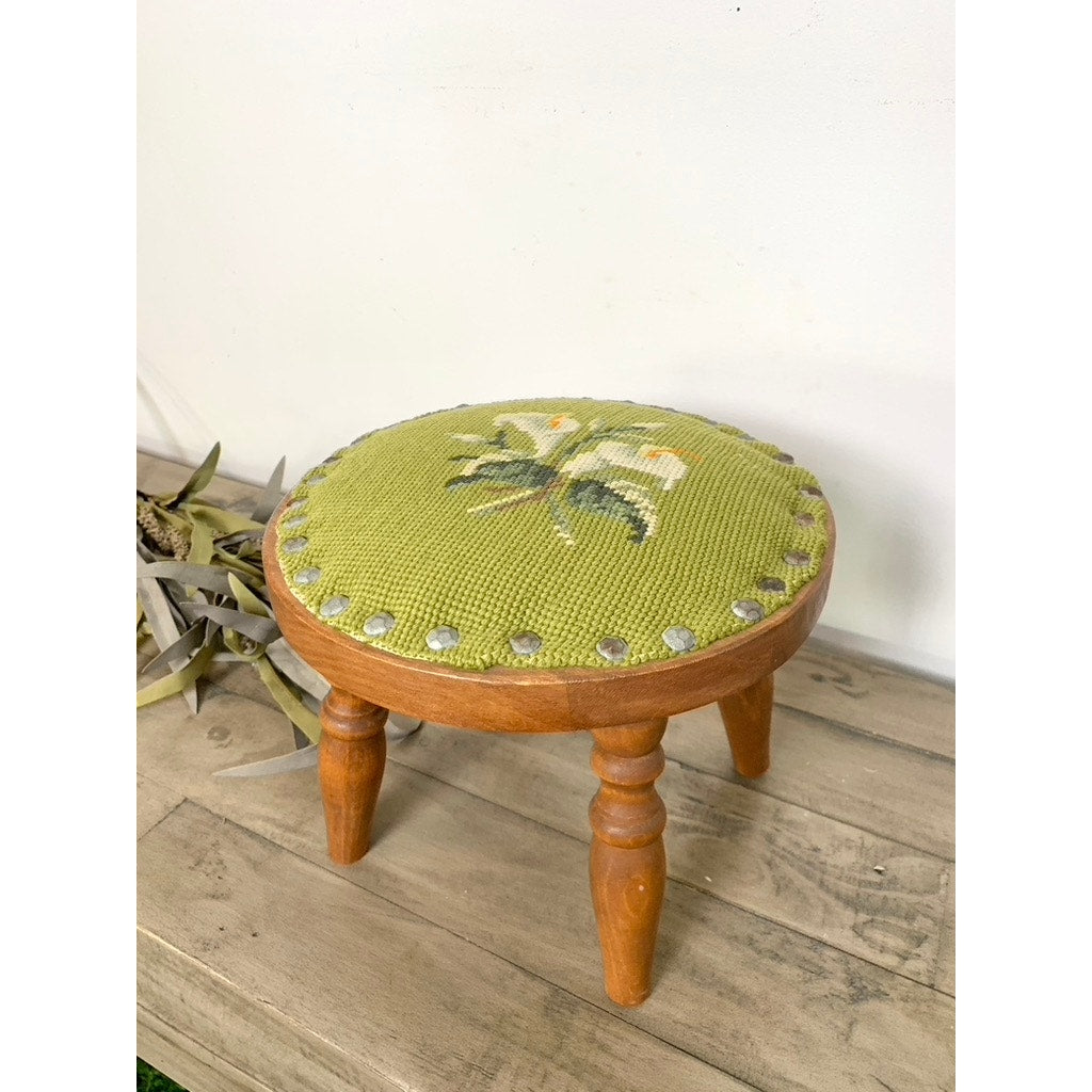 Vintage Floral Needlepoint Wood Footstool Green Wool Top Nailhead Trim Cottage