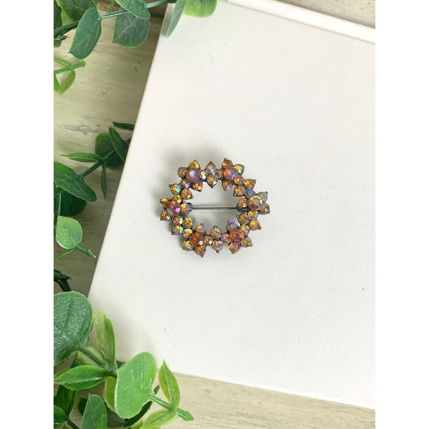Vintage Aurora Borealis Rhinestone Wreath Brooch Statement Pin Mid Century Glam