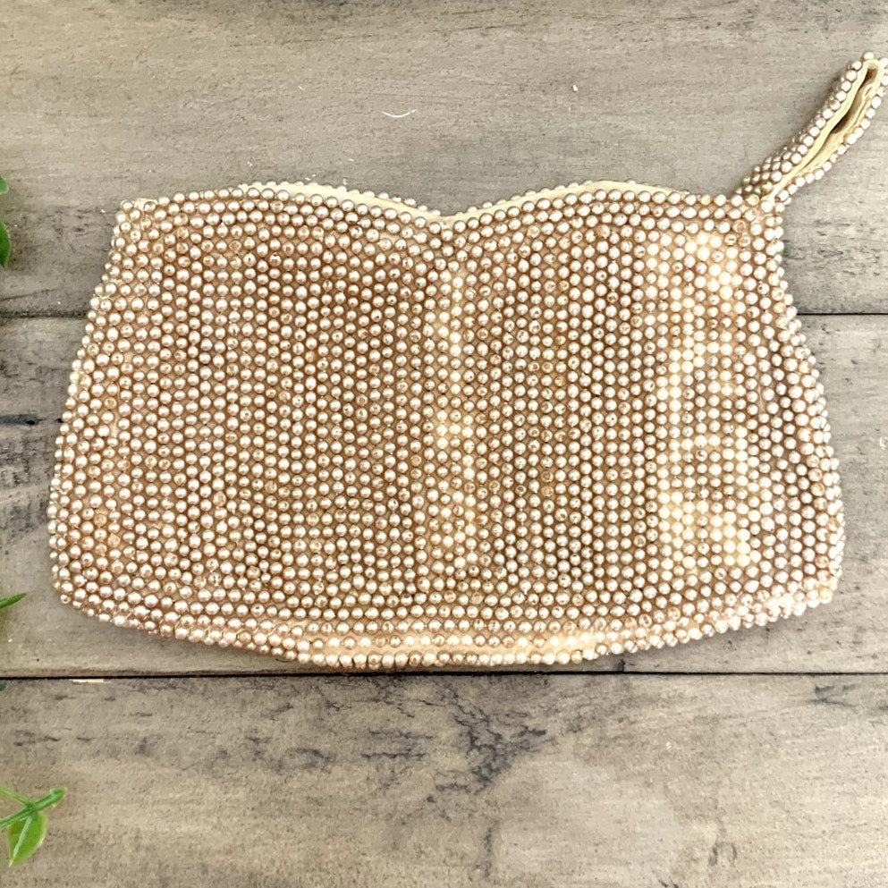 Vintage Beaded Faux Pearl Evening Bag Wristlet Clutch Purse Romantic Glam Boho