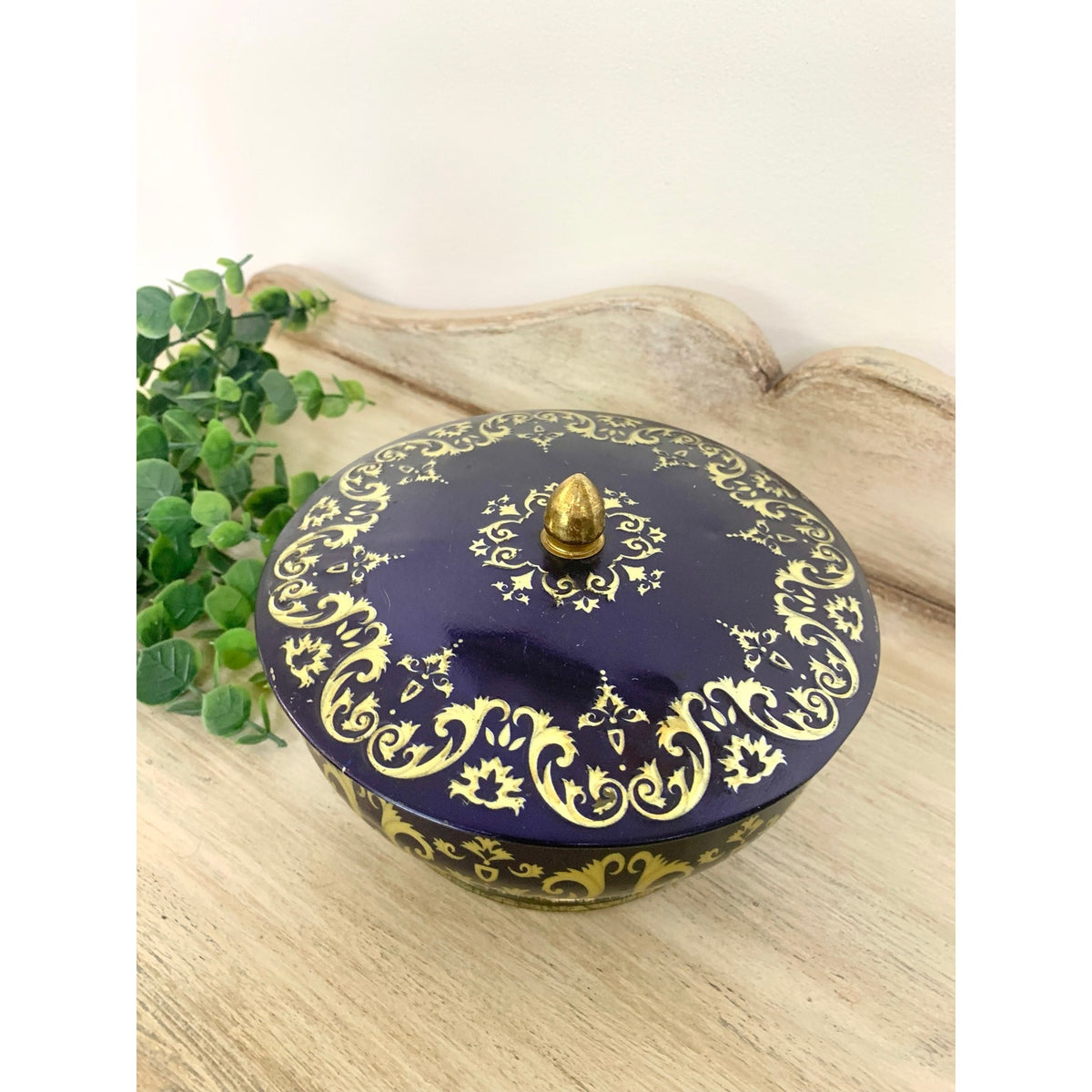 Vintage English Lidded Tin Tea Caddy Biscuit Tin Cobalt Blue Gold Lidded Container
