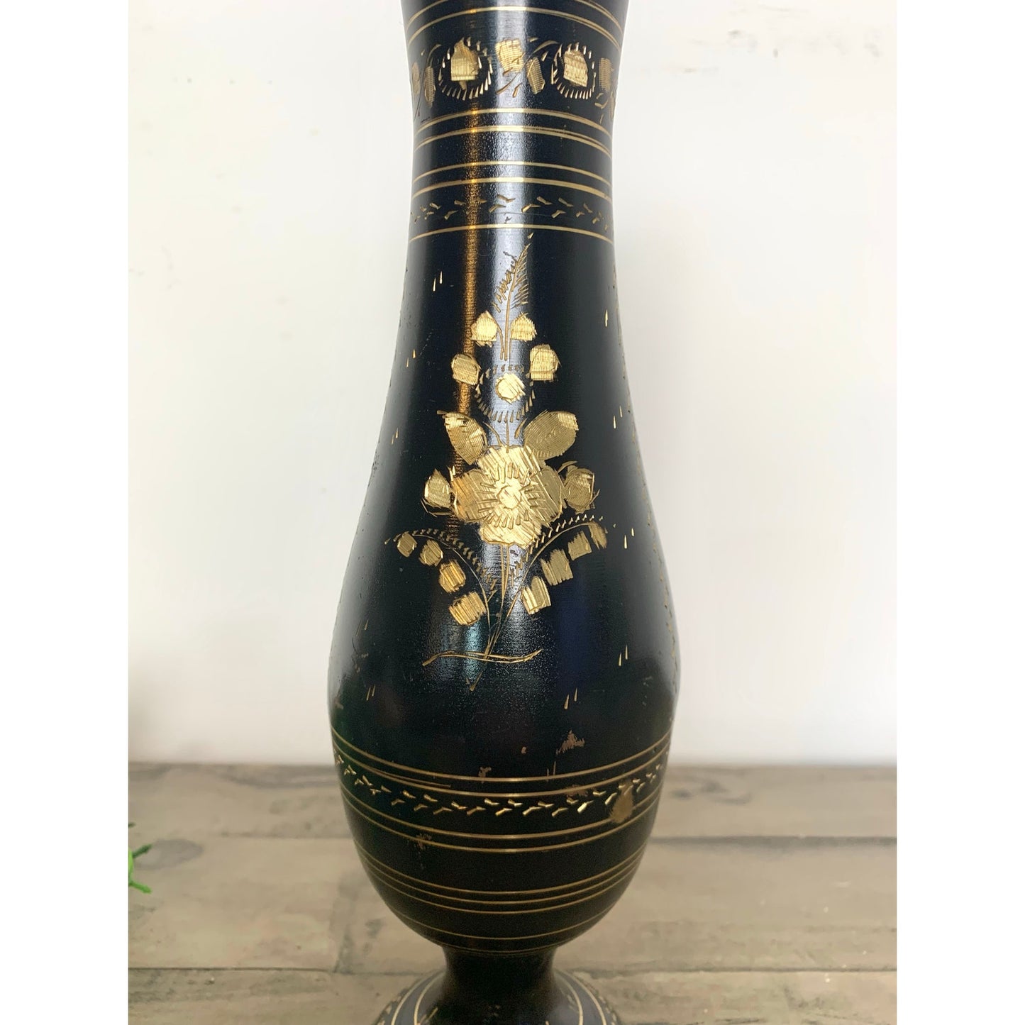 Vintage Black and Gold Etched Brass Metal Floral Pedestal Vase Boho Glam Moody