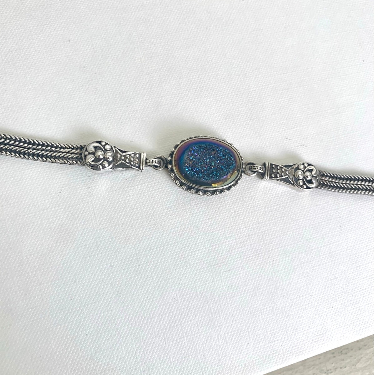 Vintage Sterling Silver Druzy Quartz Bracelet Blue Iridescent 925 Jewelry