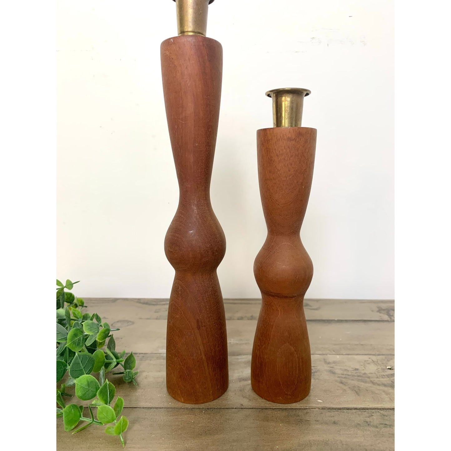 Pair of Vintage Mid Century Modern Wood Candlesticks with Brass Holders Cottage