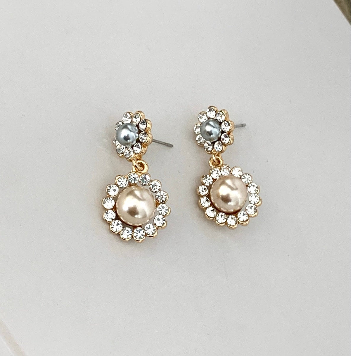 Statement Faux Pearl & Rhinestone Halo Post Back Drop Earrings Romantic Feminine