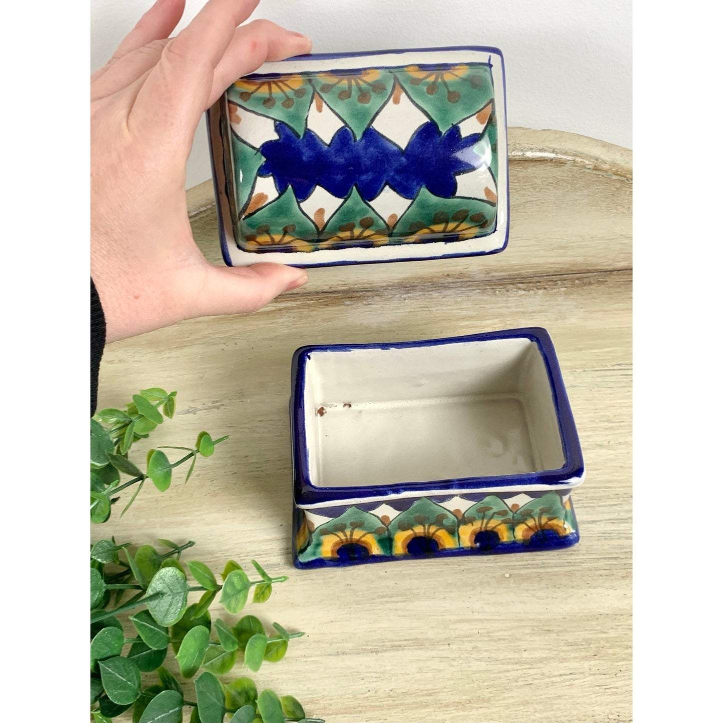 Vintage Mexican Talavera Style Ceramic Lidded Box Hand Painted Pottery Trinket Dish