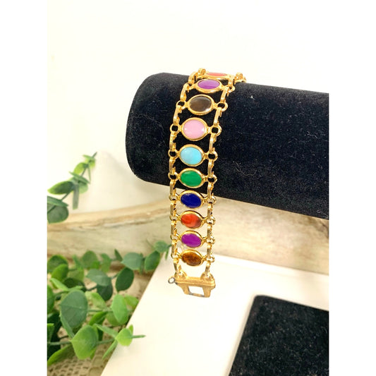 Vintage Tammy Jewels Bracelet Goldtone Multicolor Cabochon Statement Jewelry Retro Boho