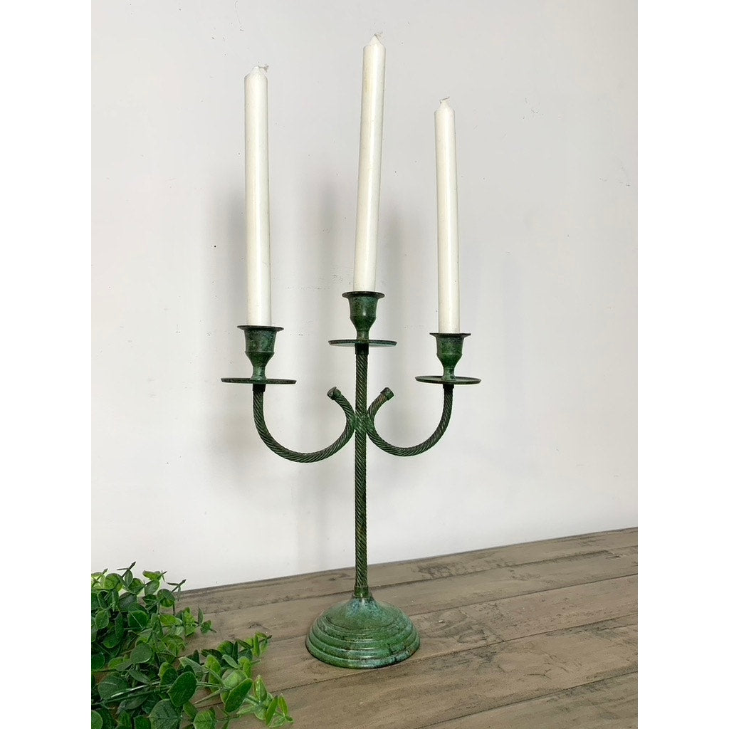 Vintage Verdigris Twisted Metal Candelabra – Green Triple Candle Holder Aged Patina Old World Christmas