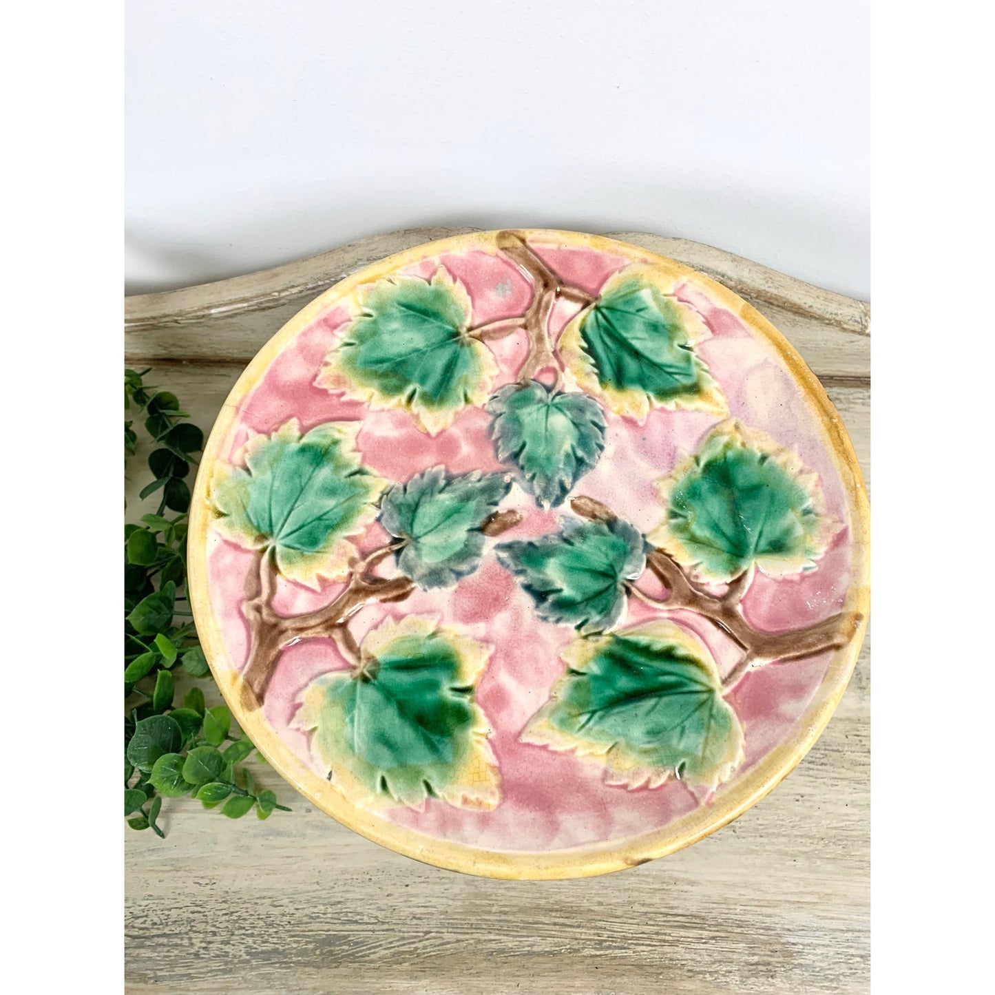 Antique Majolica Pedestal Cake Stand Maple Leaf Compote Etruscan Riser Dessert Victorian Pottery