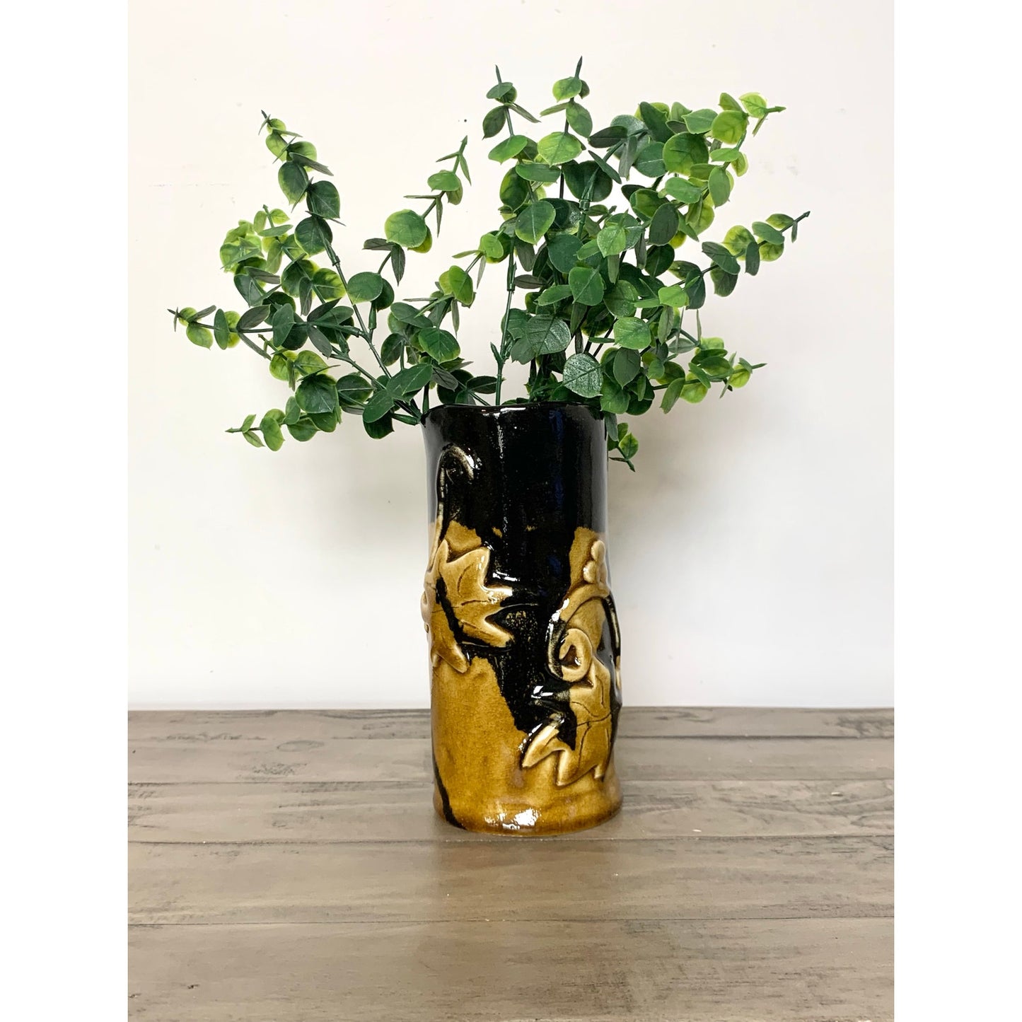 Vintage Black and Gold Ceramic Vase with Raised Vine and Leaf Design – Rustic Studio Pottery