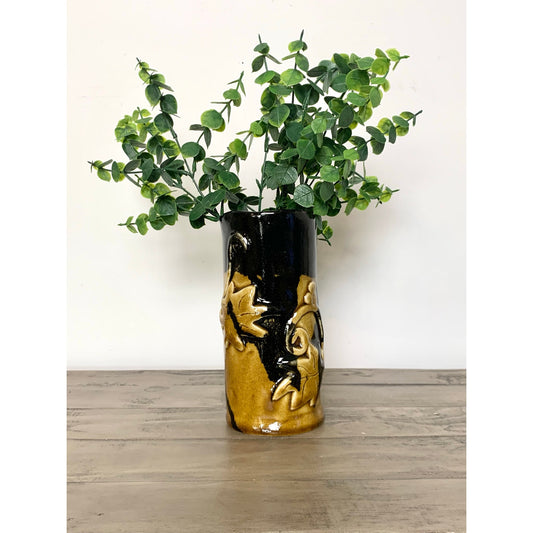 Vintage Black and Gold Ceramic Vase with Raised Vine and Leaf Design – Rustic Studio Pottery