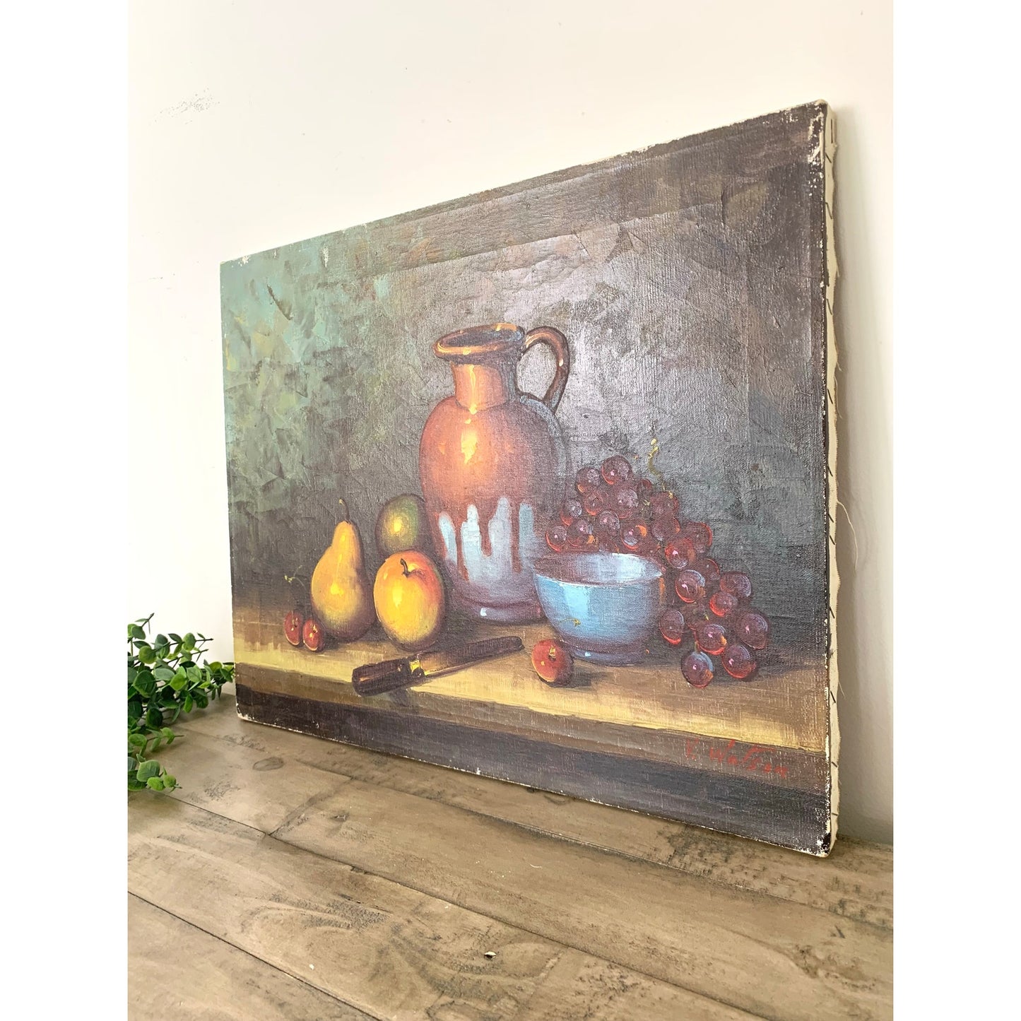 Vintage Still Life Oil Painting on Canvas Signed V Watson Rustic Fruit Art Moody