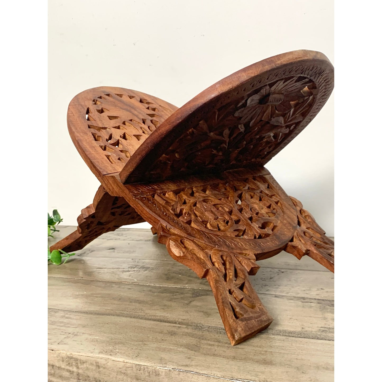 Vintage Hand Carved Wooden Book Stand Folding Ornate Cookbook Holder Mid Century