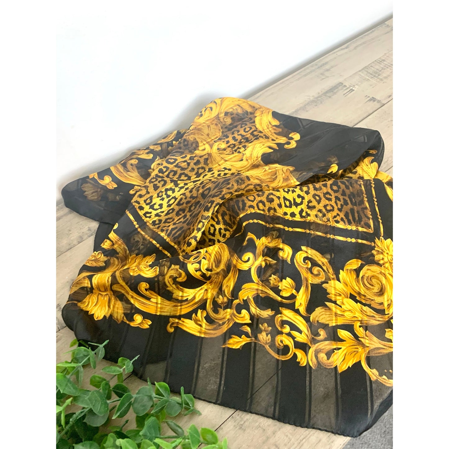 Vintage Kathie Lee Italy Scarf Baroque Leopard Print Black Gold Sheer Square Glam