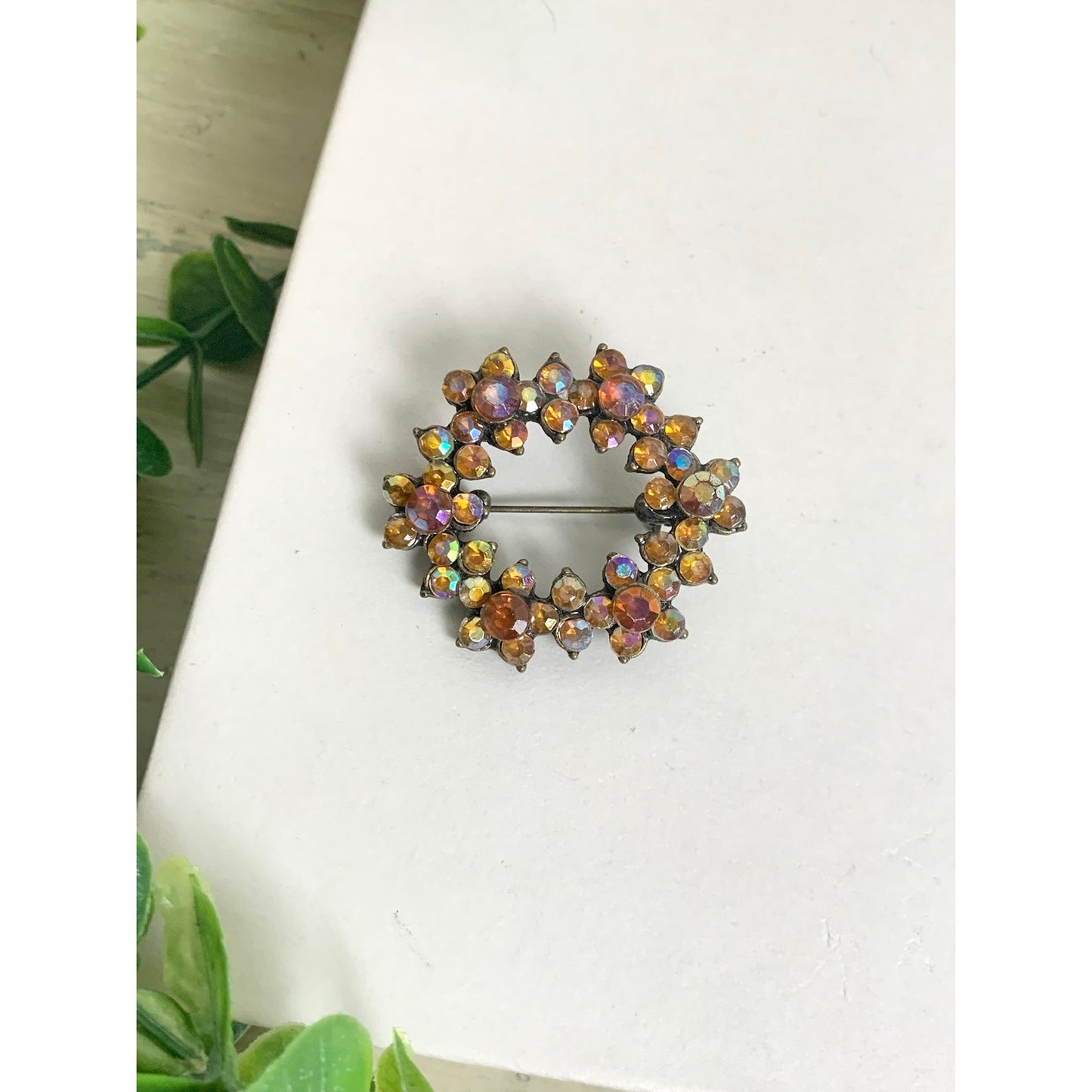 Vintage Aurora Borealis Rhinestone Wreath Brooch Statement Pin Mid Century Glam