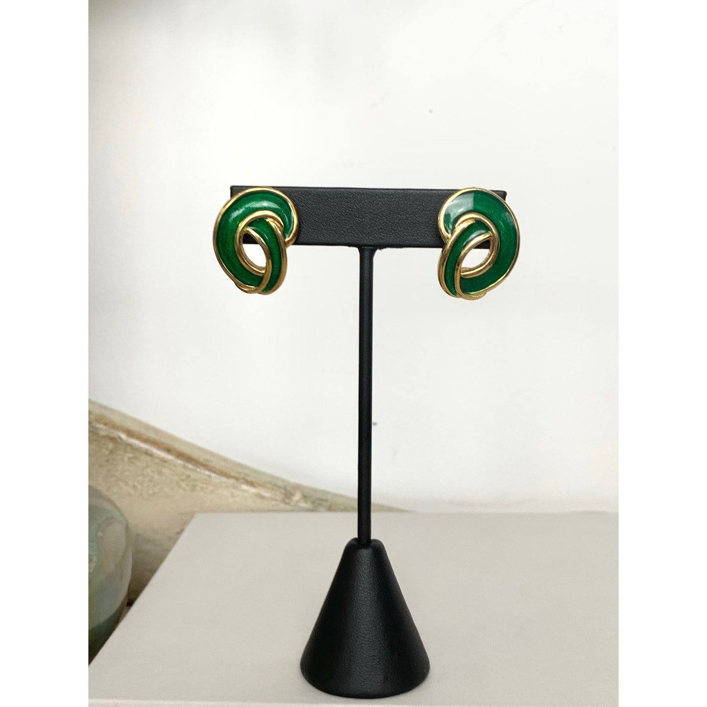 Vintage Green Enamel Goldtone Post Back Earrings Classic Jewelry Retro Glam