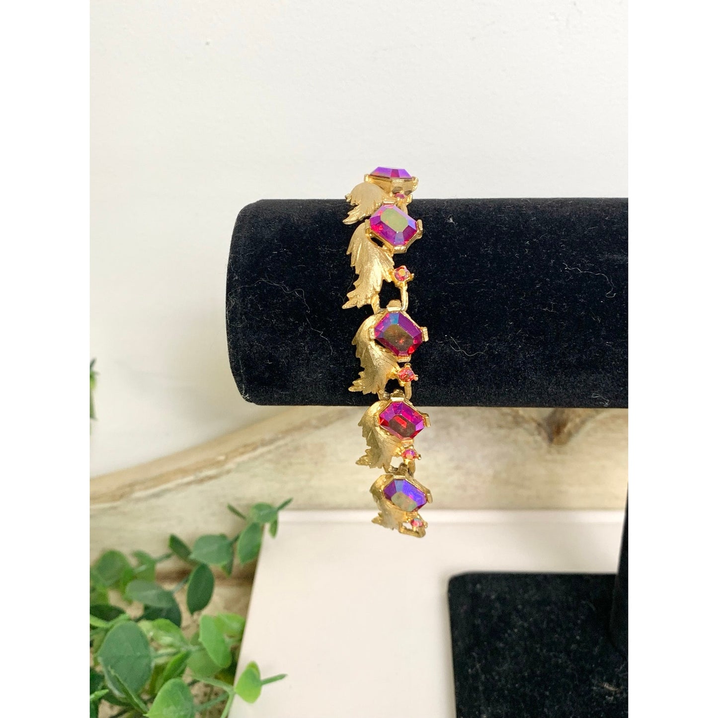 Vintage Pink Aurora Borealis Rhinestone Bracelet Gold Leaf Statement Jewelry Glam